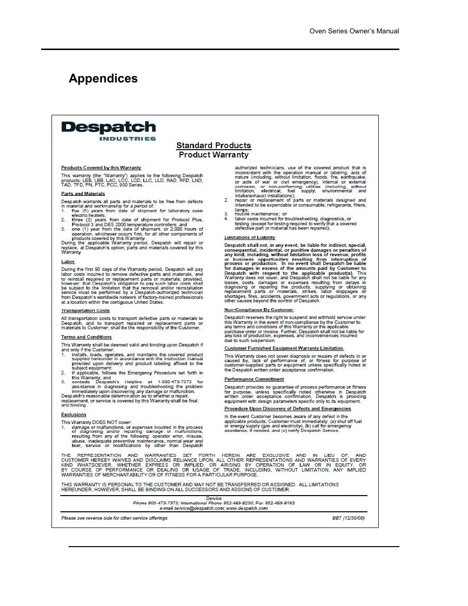 Appendices, Standard products warranty | Despatch RFD Series User Manual | Page 40 / 63