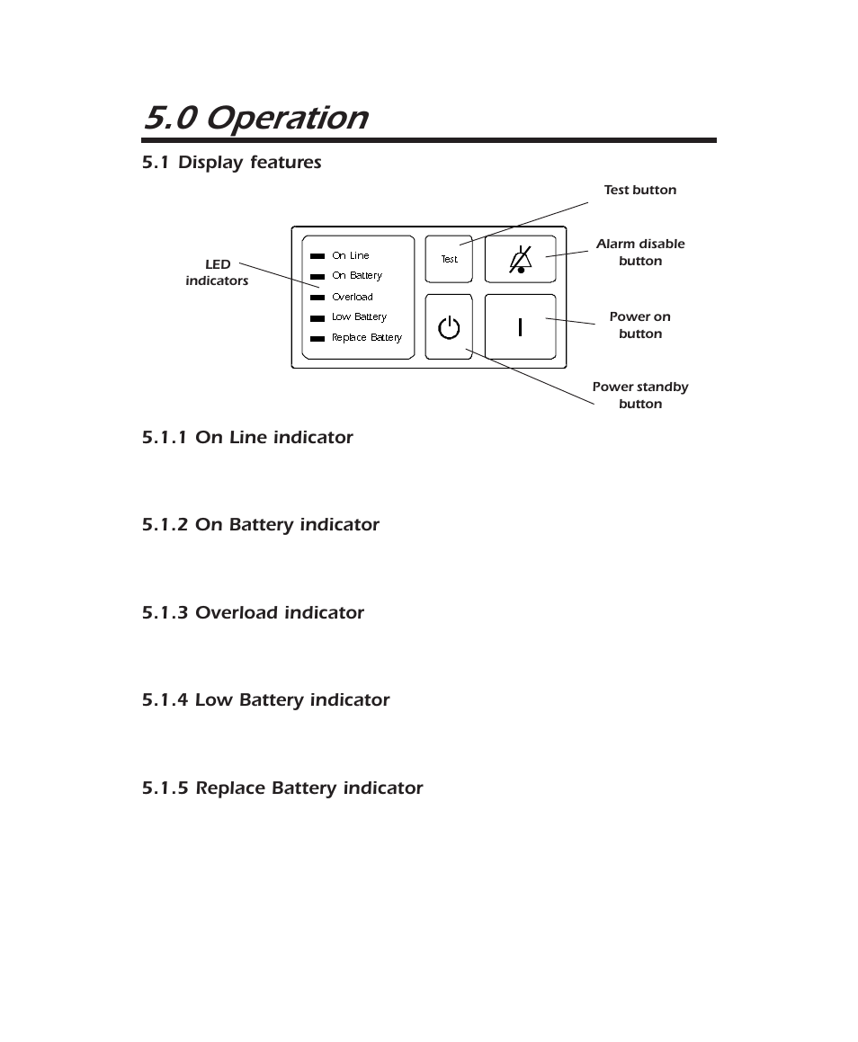 0 operation, 1 display features 5.1.1 on line indicator, 2 on battery indicator | 3 overload indicator, 4 low battery indicator, 5 replace battery indicator | APC 600 User Manual | Page 17 / 44