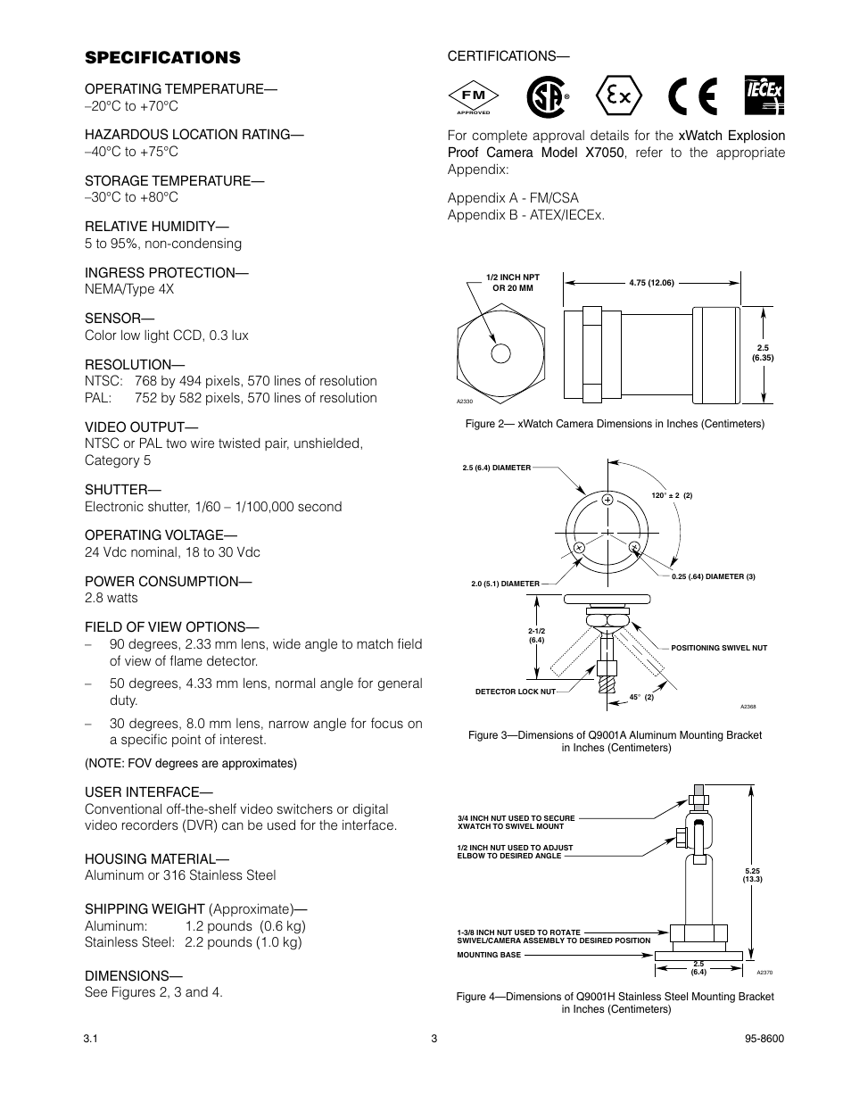 Specifications | Det-Tronics X7050 xWatch Industrial Video Surveillance Camera User Manual | Page 5 / 16