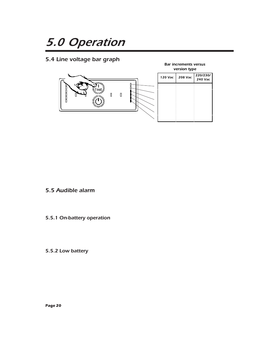 0 operation, 4 line voltage bar graph, 5 audible alarm | APC 2000XL User Manual | Page 22 / 44