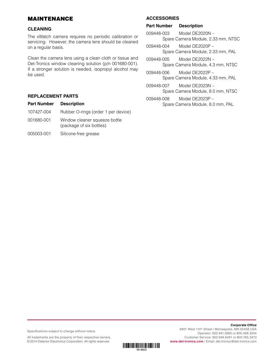 Maintenance | Det-Tronics xWatch Explosion-Proof Camera with X-Series Flame Detectors User Manual | Page 7 / 7