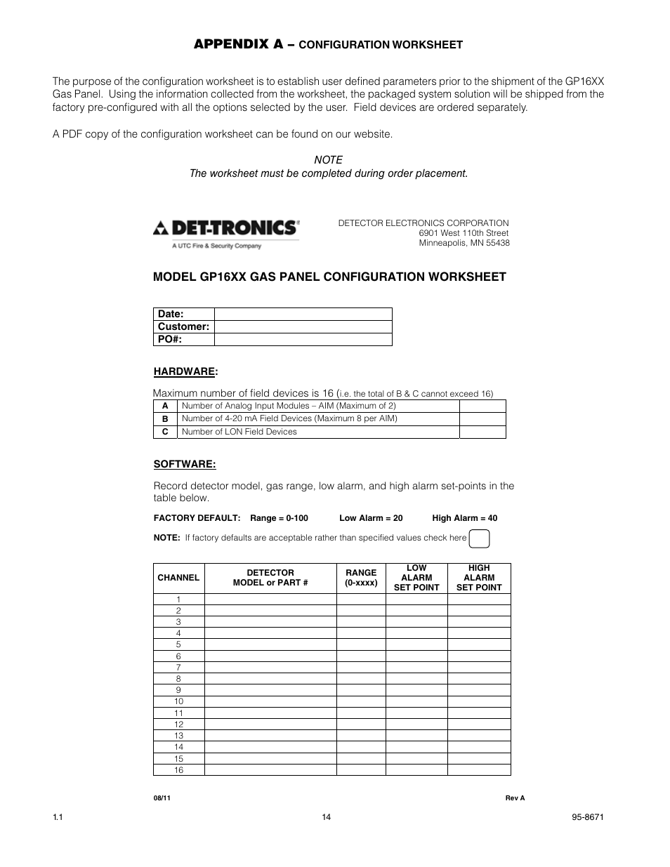 Appendix a, Model gp16xx gas panel configuration worksheet | Det-Tronics GP16XX Standard Gas Panel User Manual | Page 16 / 20
