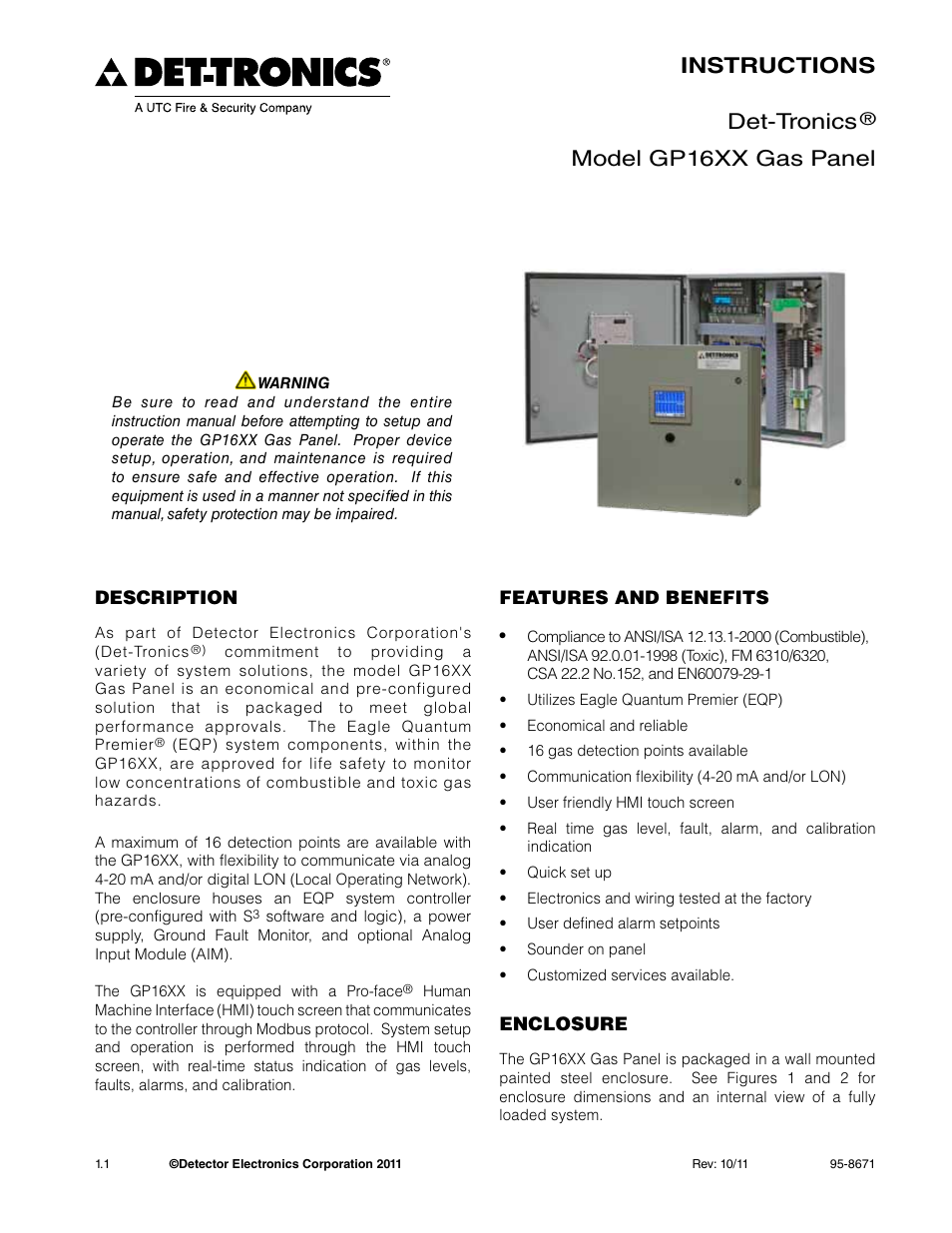 Instructions det-tronics, Model gp16xx gas panel | Det-Tronics GP16XX Standard Gas Panel User Manual | Page 3 / 20