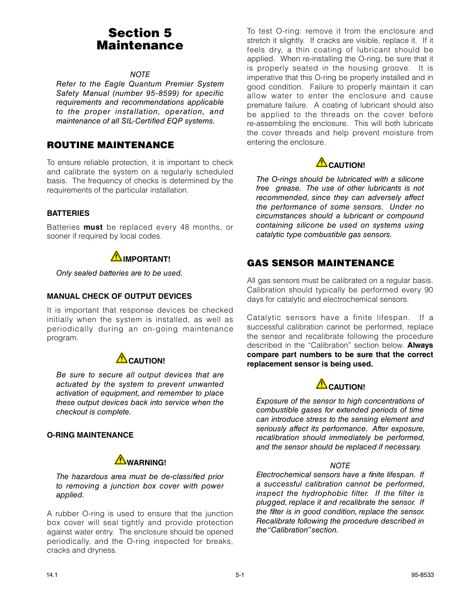 Section 5 - maintenance, O-ring maintenance, Batteries | Manual check of output devices, Gas sensor maintenance | Det-Tronics EQP Fire and Gas Detection/Releasing System User Manual | Page 103 / 157