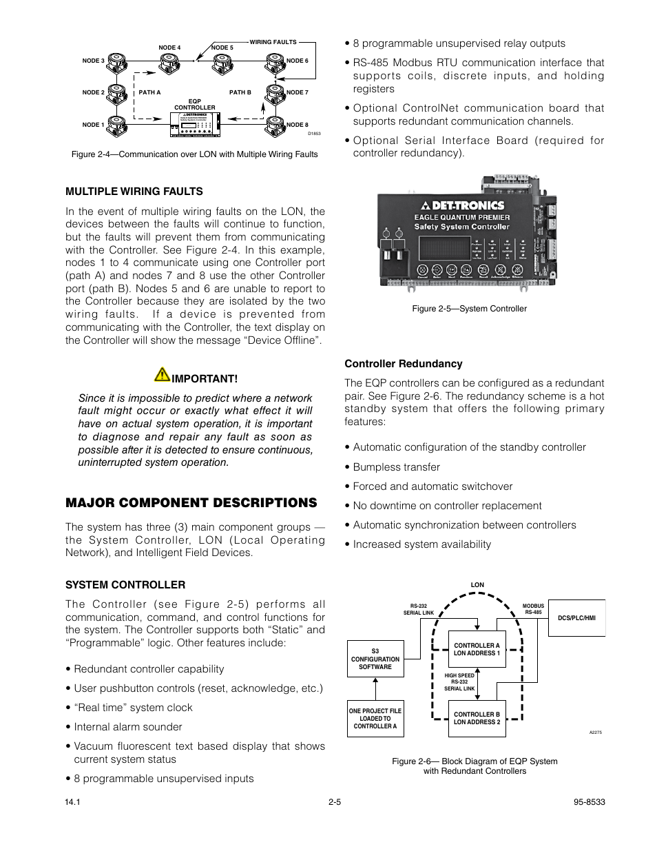 Multiple wiring faults, Major component descriptions, System controller | Det-Tronics EQP Fire and Gas Detection/Releasing System User Manual | Page 11 / 157