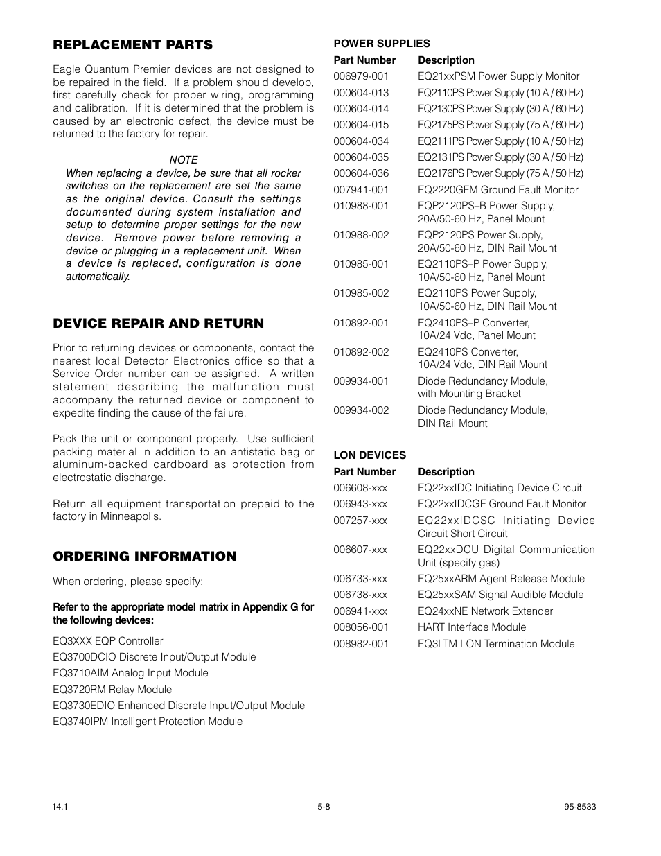 Replacement parts, Device repair and return | Det-Tronics EQP Fire and Gas Detection/Releasing System User Manual | Page 110 / 157