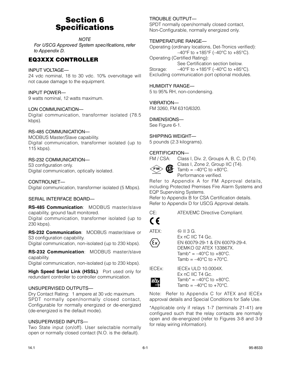 Section 6 - specifications, Eq3xxx controller | Det-Tronics EQP Fire and Gas Detection/Releasing System User Manual | Page 112 / 157