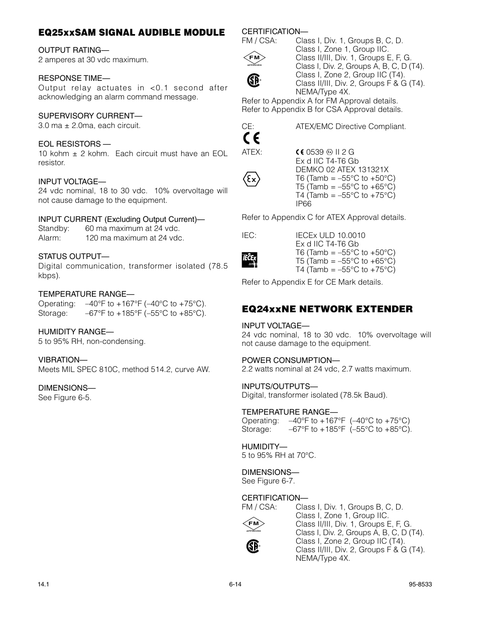 Eq25xxsam signal audible module, Eq24xxne network extender | Det-Tronics EQP Fire and Gas Detection/Releasing System User Manual | Page 125 / 157