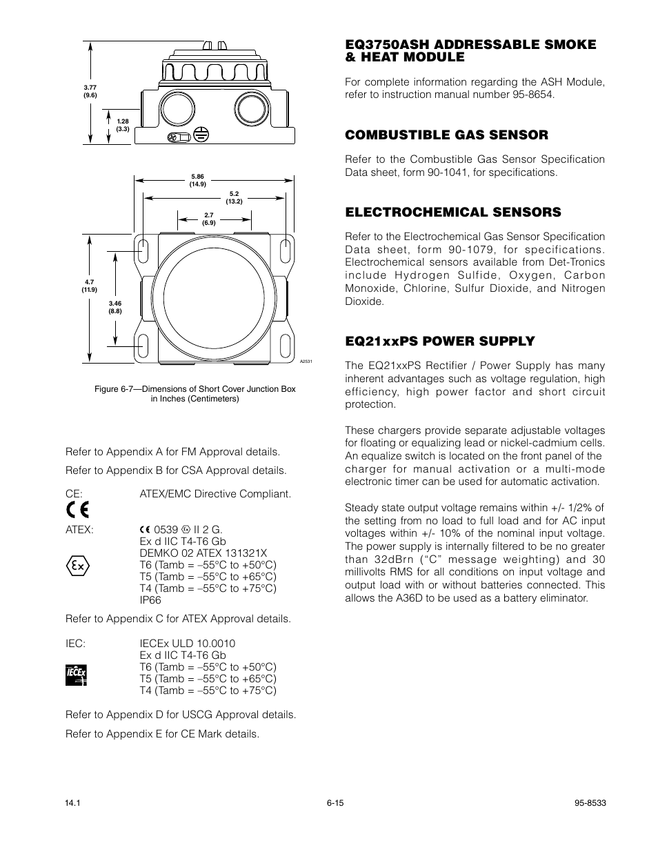 Combustible gas sensor, Electrochemical sensors, Eq21xxps power supply | Eq3750ash addressable smoke & heat module | Det-Tronics EQP Fire and Gas Detection/Releasing System User Manual | Page 126 / 157