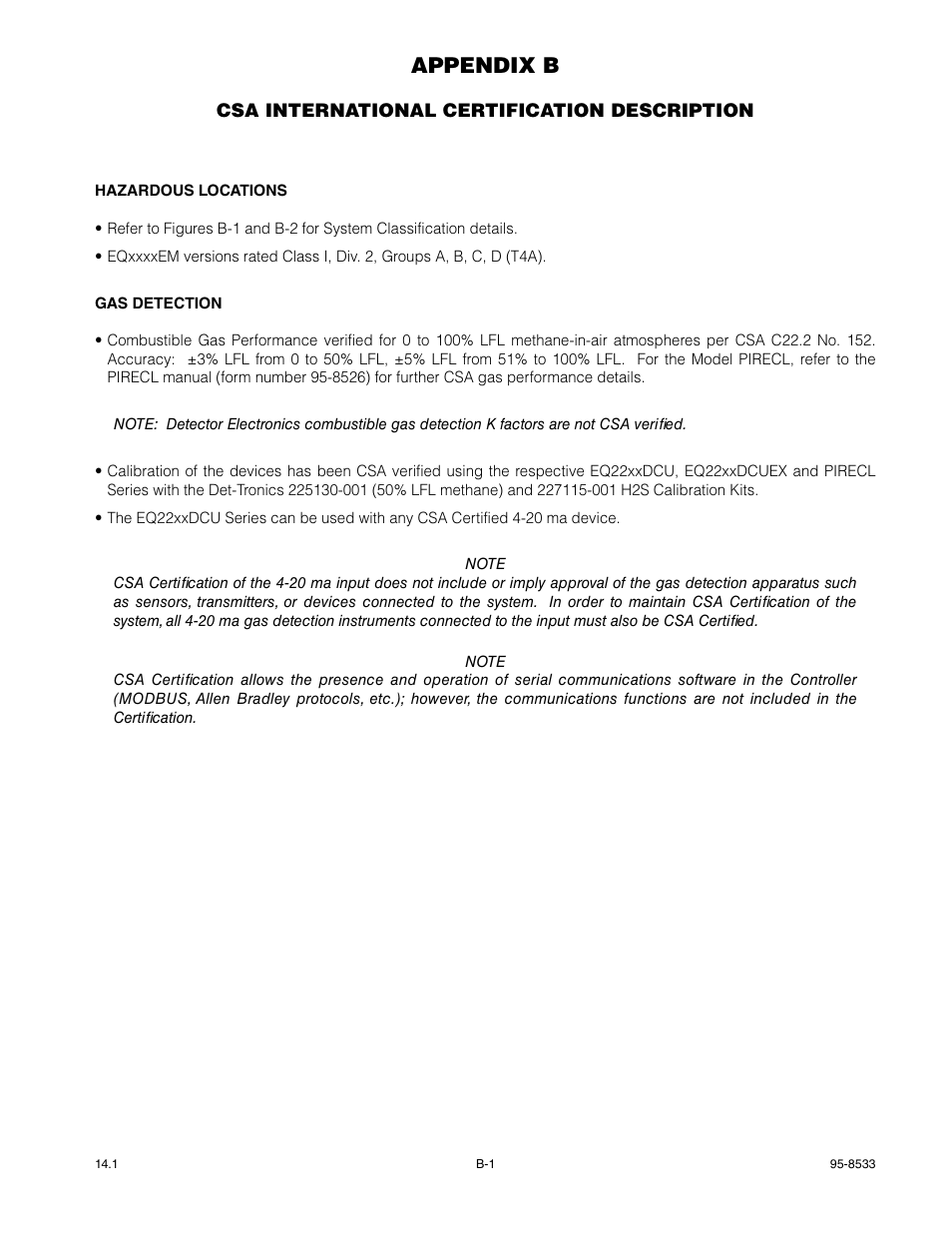Appendix b - csa certification description, Appendix b | Det-Tronics EQP Fire and Gas Detection/Releasing System User Manual | Page 133 / 157
