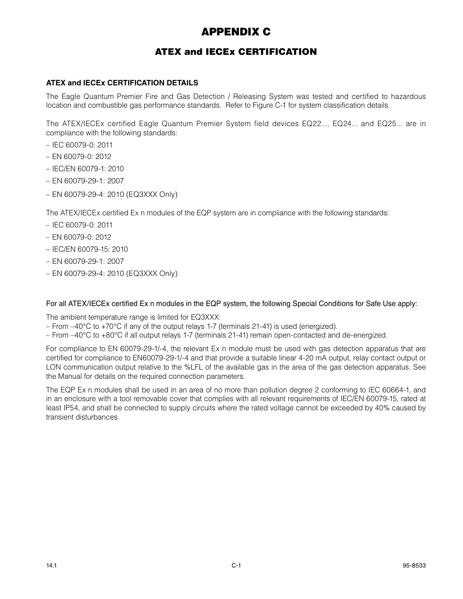 Appendix c - atex, Appendix c | Det-Tronics EQP Fire and Gas Detection/Releasing System User Manual | Page 136 / 157
