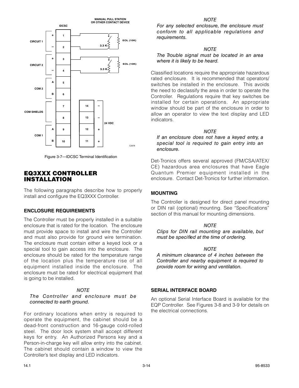 Eq300x controller installation, Enclosure requirements, Mounting | Serial interface board, Eq3xxx controller installation | Det-Tronics EQP Fire and Gas Detection/Releasing System User Manual | Page 33 / 157