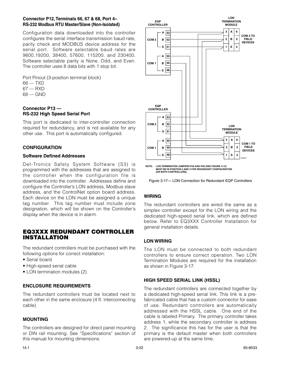 High speed serial link (hssl), Lon wiring, Wiring | Mounting, Enclosure requirements, Eq3xxx redundant controller installation | Det-Tronics EQP Fire and Gas Detection/Releasing System User Manual | Page 41 / 157
