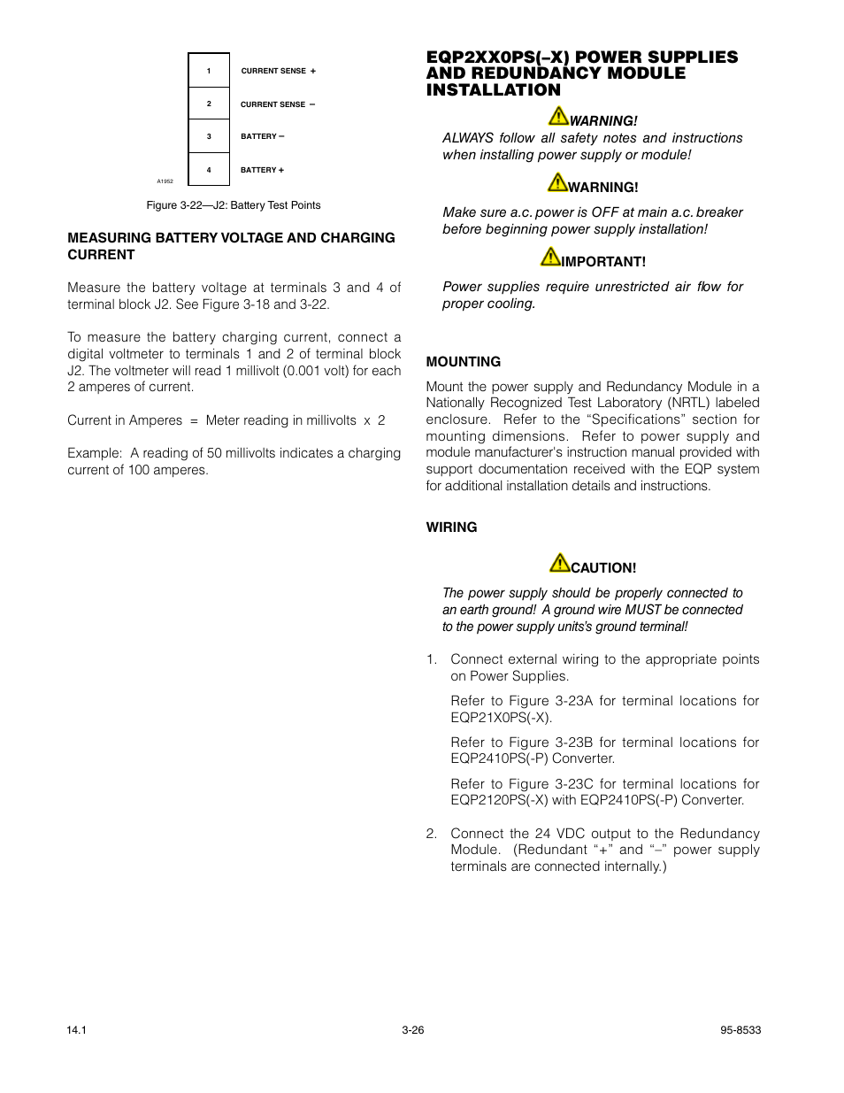 Measuring battery voltage and charging current, Wiring, Mounting | Det-Tronics EQP Fire and Gas Detection/Releasing System User Manual | Page 45 / 157