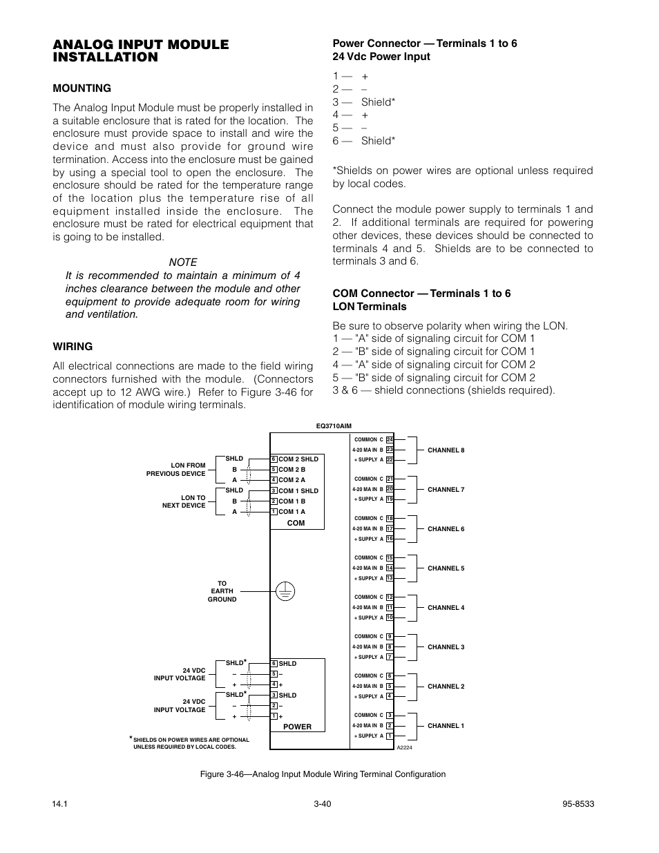 Analog input module installation, Mounting, Wiring | Det-Tronics EQP Fire and Gas Detection/Releasing System User Manual | Page 59 / 157