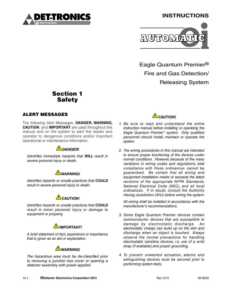 Section 1 - safety, Instructions eagle quantum premier, Fire and gas detection/ releasing system | Det-Tronics EQP Fire and Gas Detection/Releasing System User Manual | Page 6 / 157