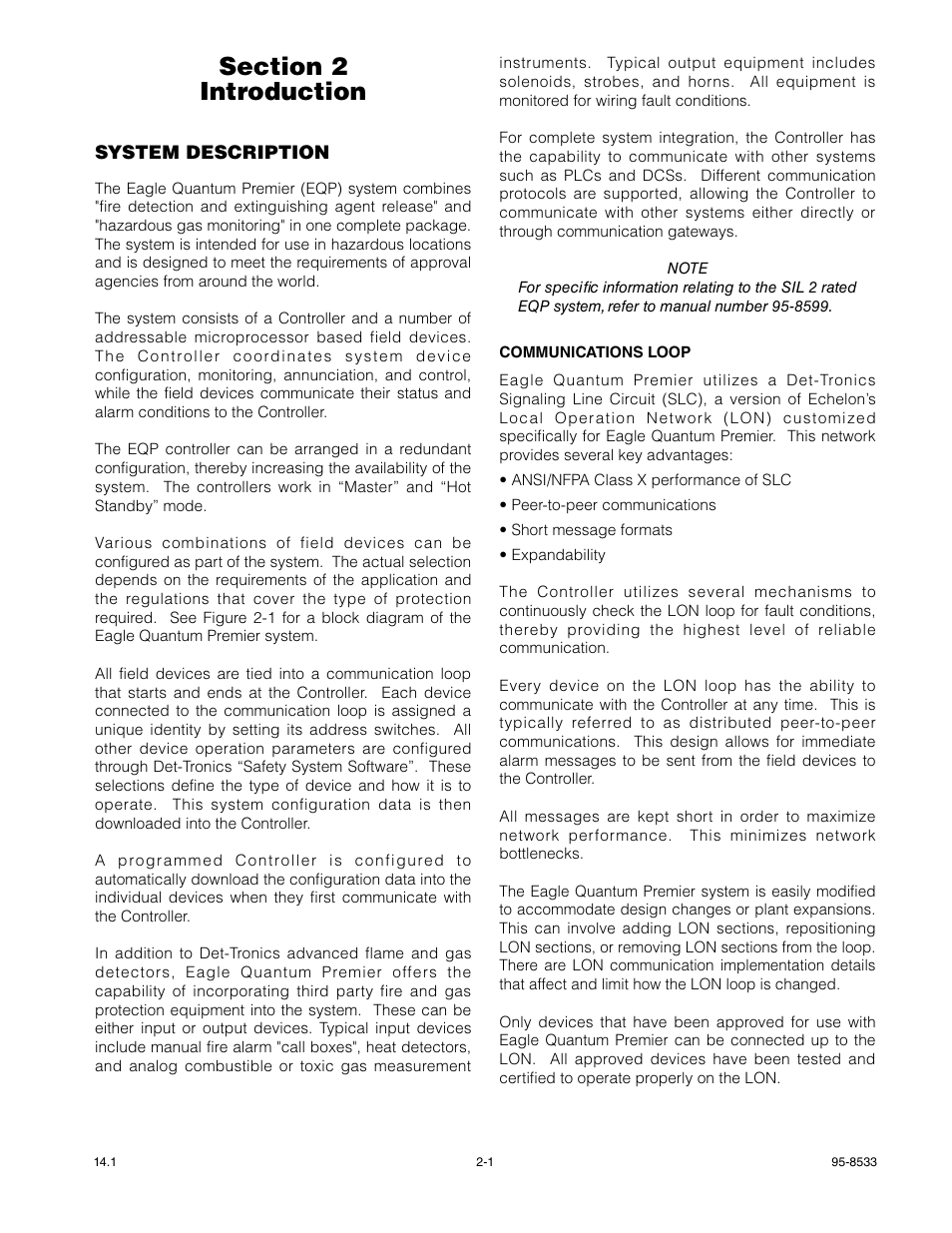 Section 2 - introduction, System description, Communications loop | Det-Tronics EQP Fire and Gas Detection/Releasing System User Manual | Page 7 / 157