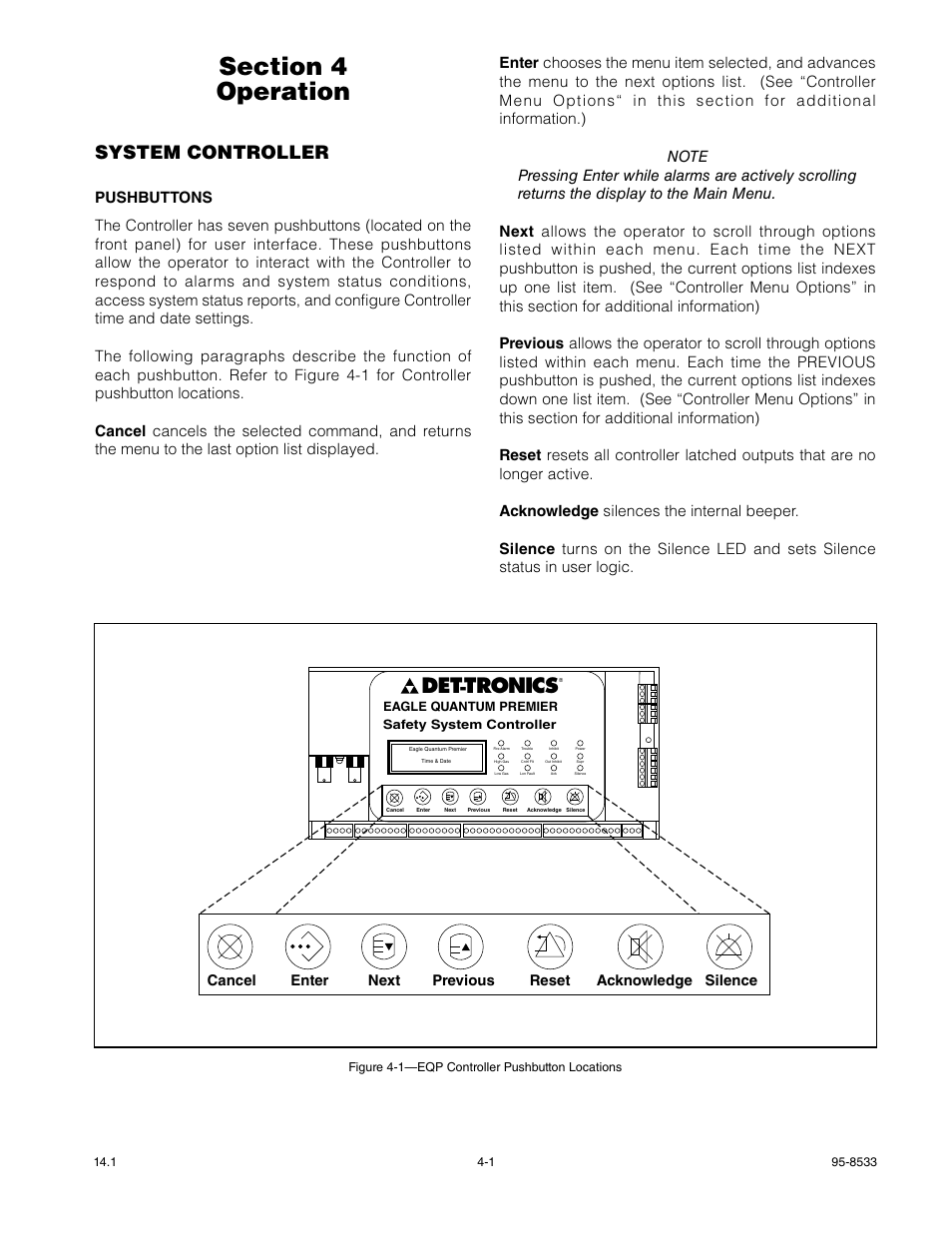 Section 4 - operation, System controller, Pushbuttons | Tronics | Det-Tronics EQP Fire and Gas Detection/Releasing System User Manual | Page 78 / 157