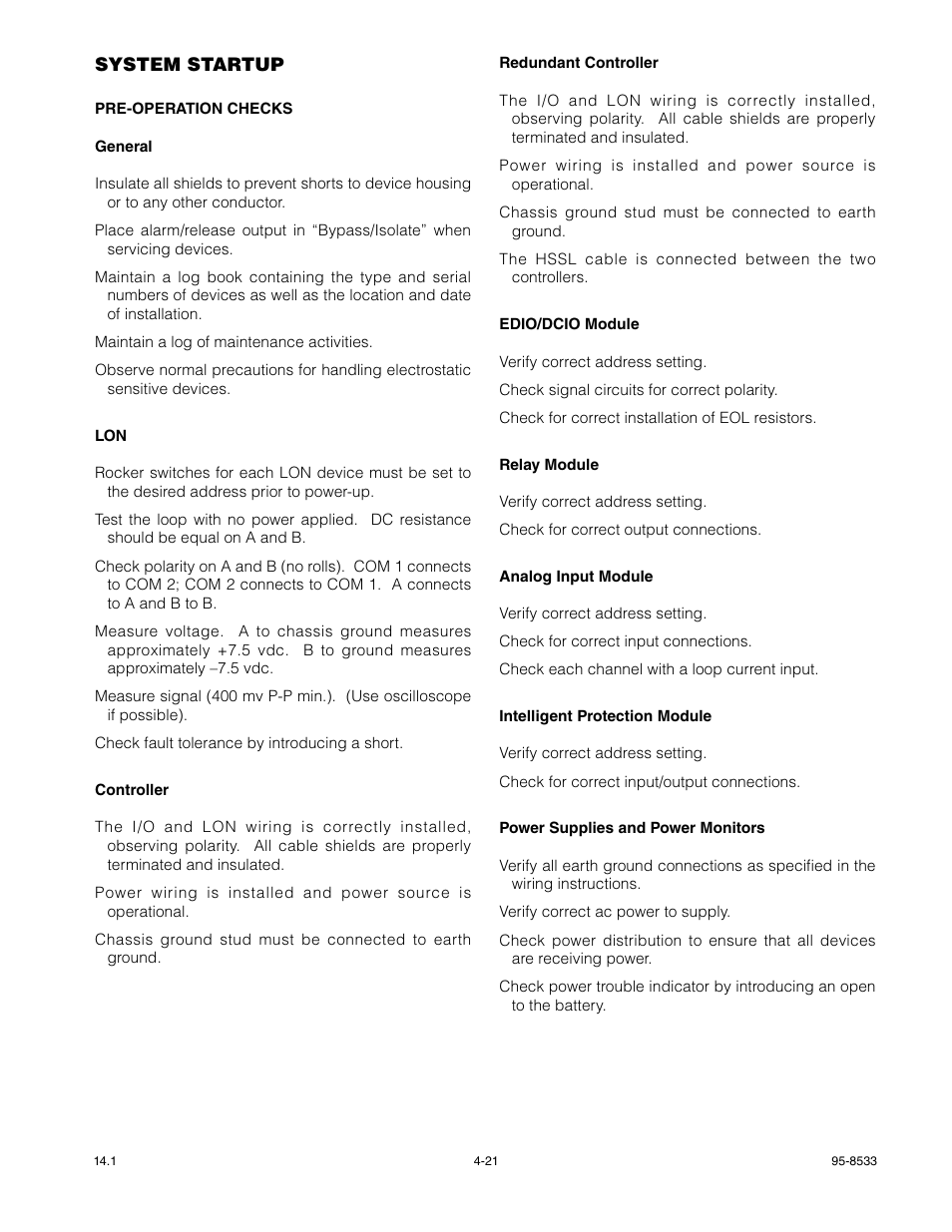 System startup, Pre-operation checks | Det-Tronics EQP Fire and Gas Detection/Releasing System User Manual | Page 98 / 157
