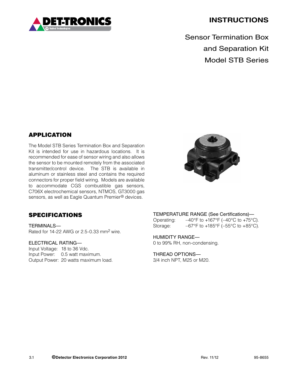 Det-Tronics STB Series Sensor Termination Box and Separation Kit User Manual | 4 pages