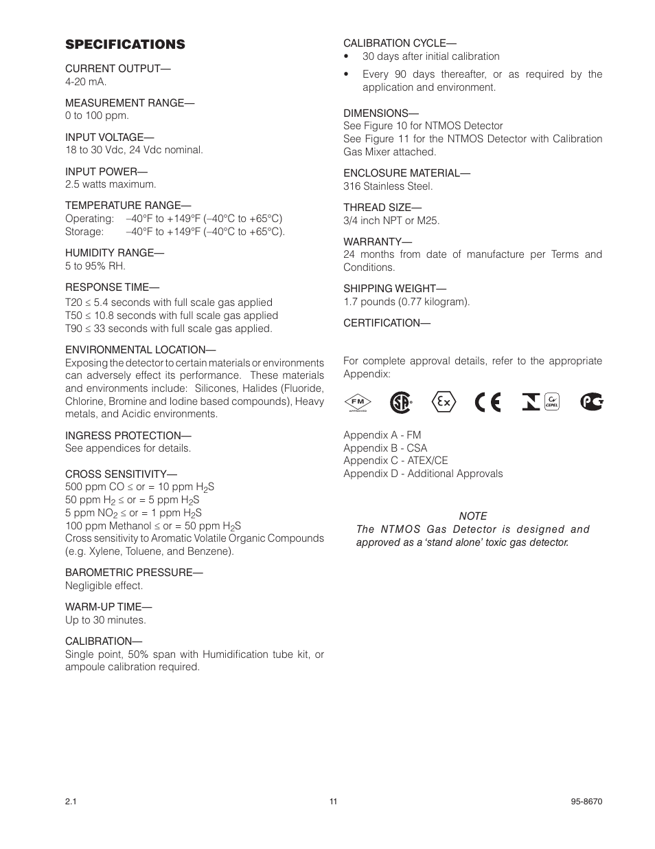 Specifications | Det-Tronics NTMOS IP66/IP67 H2S Gas Detector User Manual | Page 13 / 19