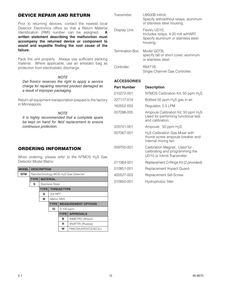 Device repair and return, Ordering information | Det-Tronics NTMOS IP66/IP67 H2S Gas Detector User Manual | Page 14 / 19