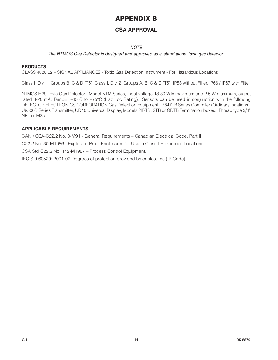 Appendix b, Csa approval | Det-Tronics NTMOS IP66/IP67 H2S Gas Detector User Manual | Page 16 / 19