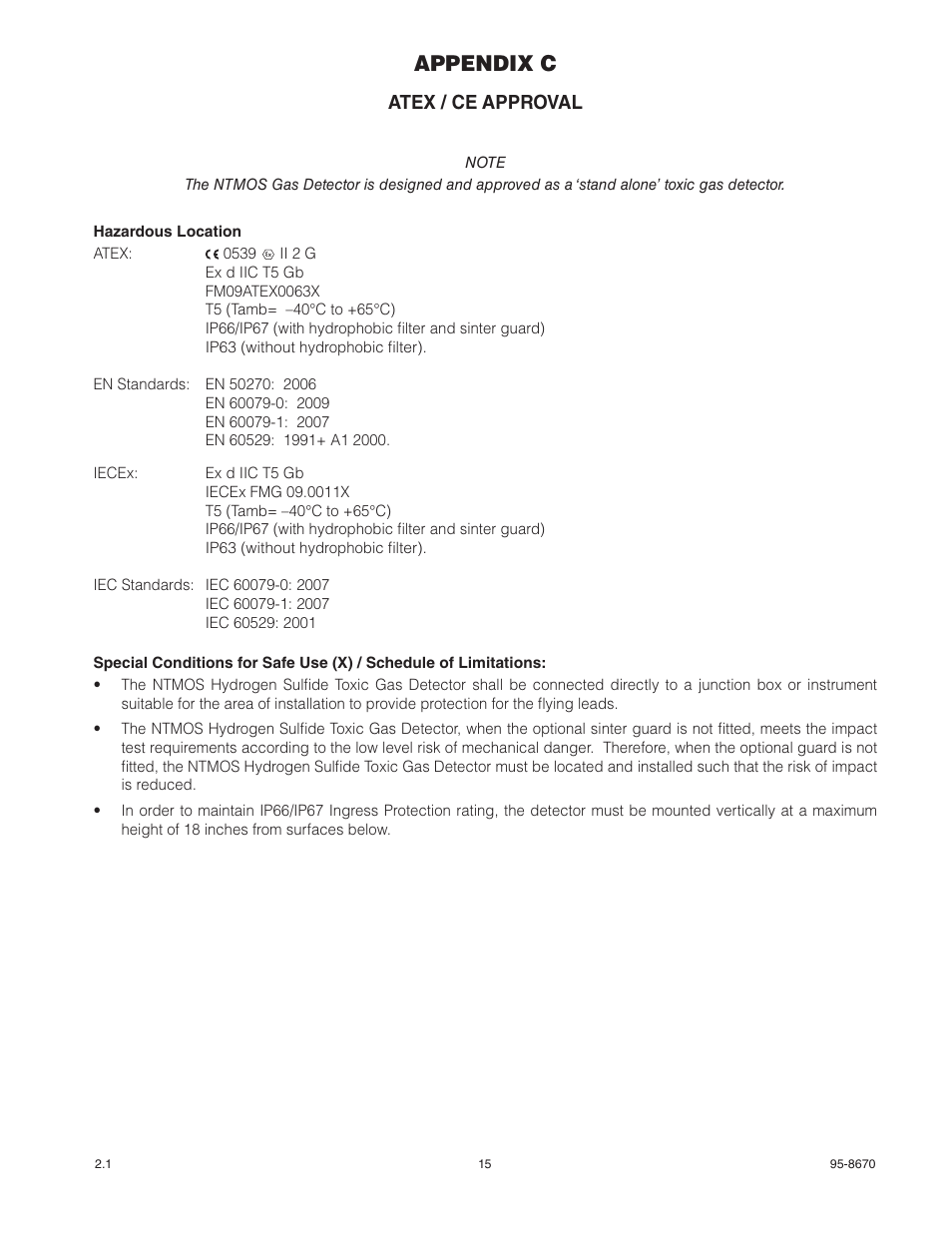 Appendix c, Atex / ce approval | Det-Tronics NTMOS IP66/IP67 H2S Gas Detector User Manual | Page 17 / 19