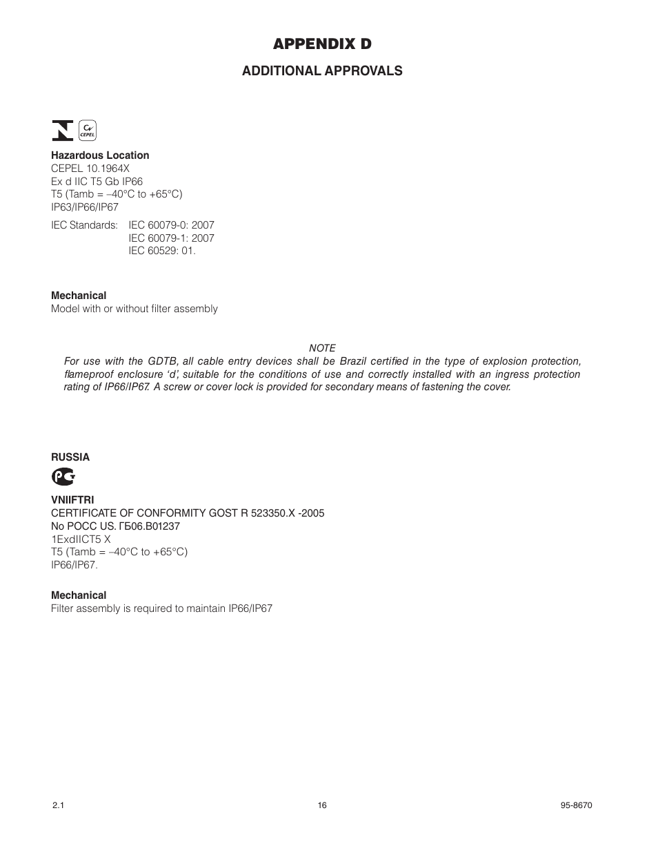 Appendix d, Additional approvals | Det-Tronics NTMOS IP66/IP67 H2S Gas Detector User Manual | Page 18 / 19