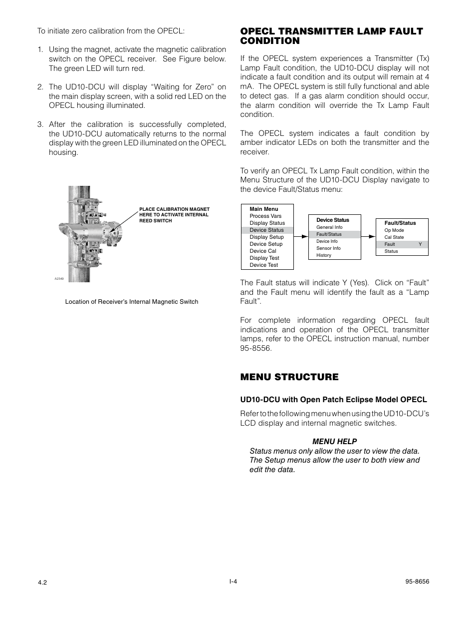 Opecl transmitter lamp fault condition, Menu structure | Det-Tronics UD10 DCU Emulator FlexVu Universal Display Unit User Manual | Page 46 / 71