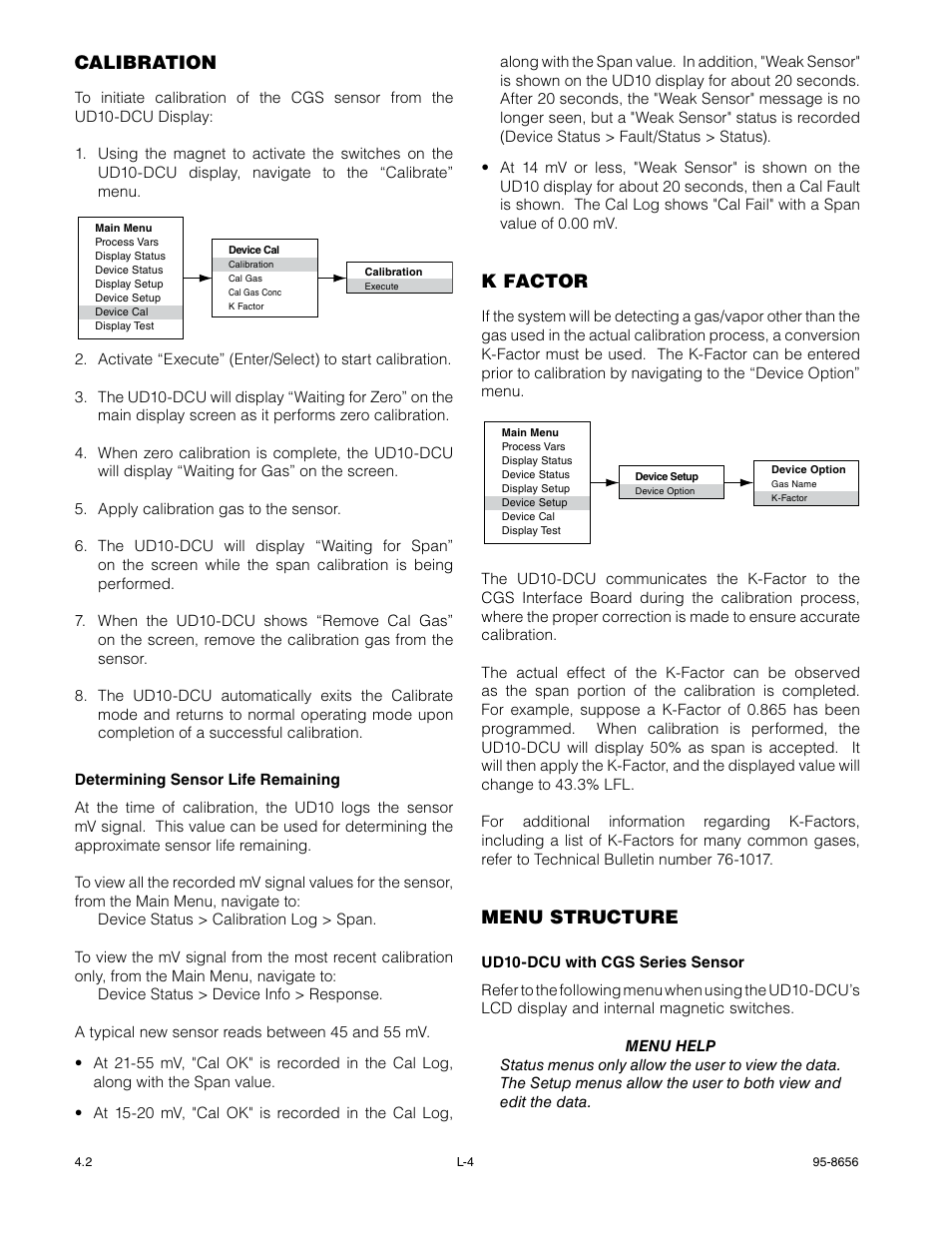 Calibration, K factor, Menu structure | Det-Tronics UD10 DCU Emulator FlexVu Universal Display Unit User Manual | Page 61 / 71