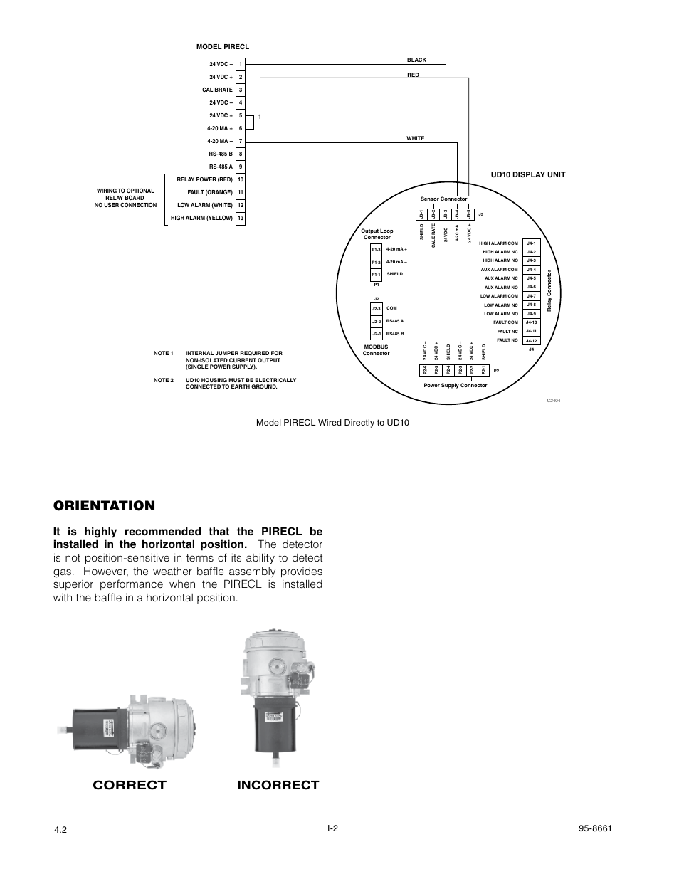 Orientation, Correct incorrect, Model pirecl wired directly to ud10 | Det-Tronics UD10 FlexVu Explosion-Proof Universal Display Unit User Manual | Page 44 / 77