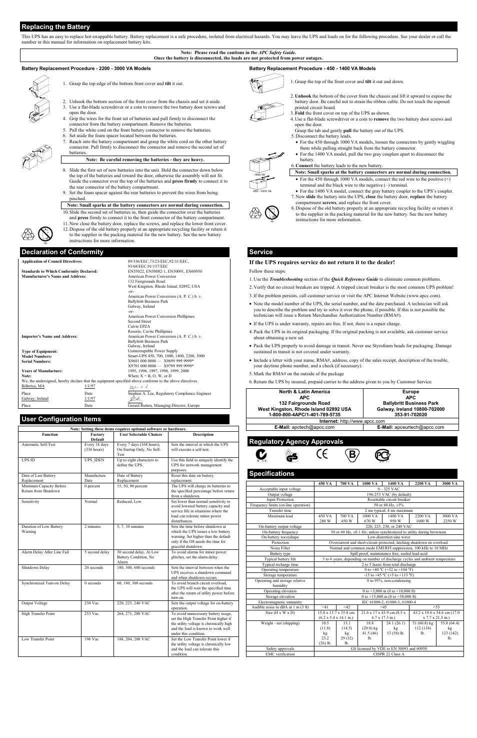Replacing the battery, Declaration of conformity, User configuration items | Service, Regulatory agency approvals, Specifications | APC SMARTUPS Smart-UPS 450 User Manual | Page 2 / 2