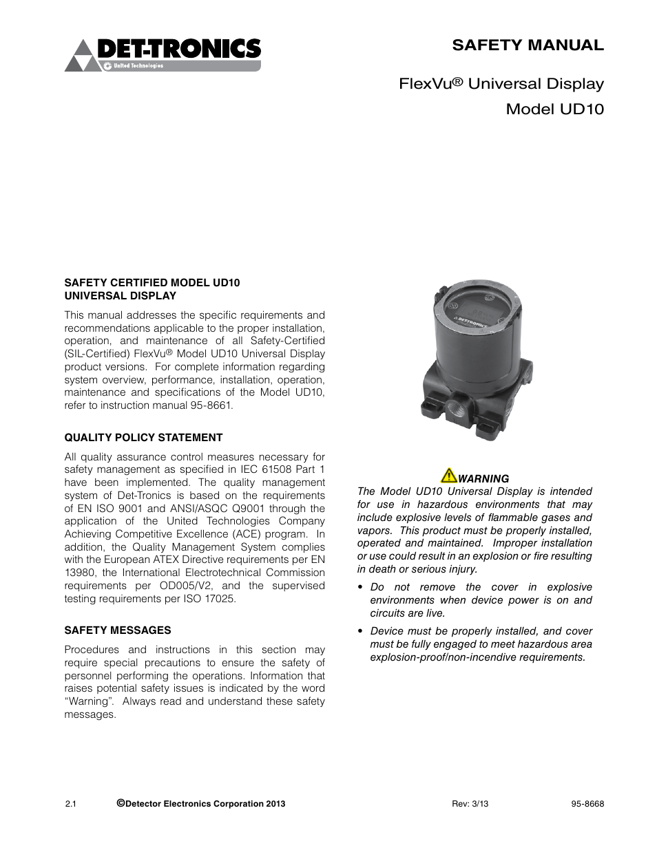 Det-Tronics UD10 FlexVu Universal Display SAFETY MANUAL User Manual | 6 pages