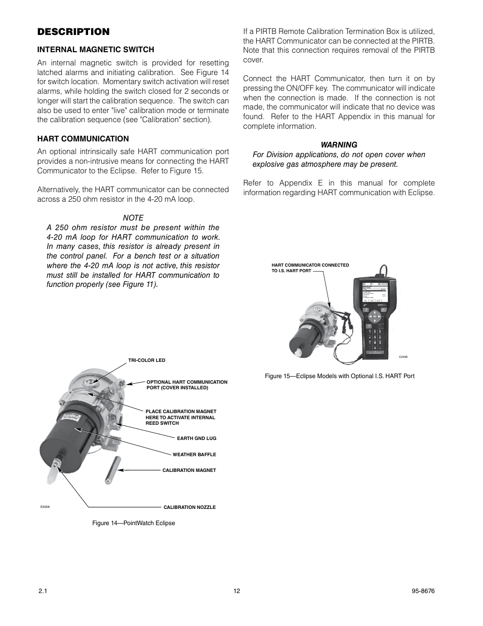 Description, Internal magnetic switch, Hart communication | Det-Tronics PIRECL Infrared Carbon Dioxide Gas Detector PointWatch Eclipse User Manual | Page 14 / 54