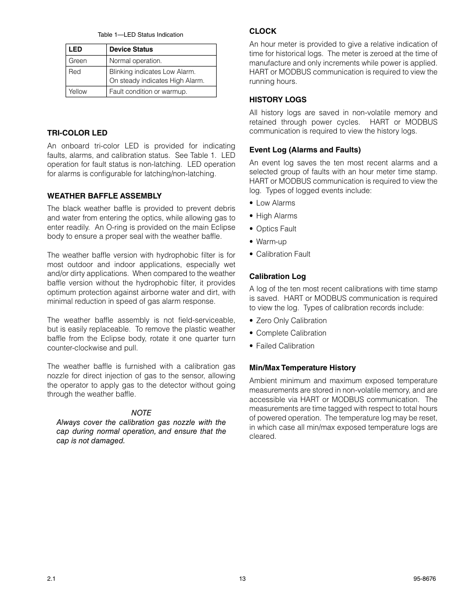 Tri-color led, Weather baffle assembly, Clock | History logs, Remote calibration option | Det-Tronics PIRECL Infrared Carbon Dioxide Gas Detector PointWatch Eclipse User Manual | Page 15 / 54