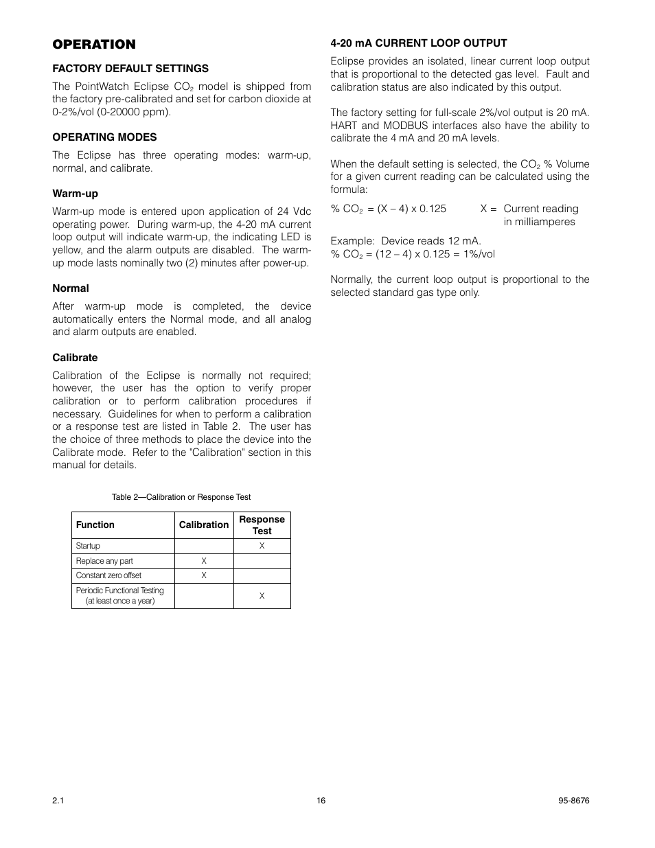 Operation, Factory default settings, Operating modes | 20 ma current loop output | Det-Tronics PIRECL Infrared Carbon Dioxide Gas Detector PointWatch Eclipse User Manual | Page 18 / 54