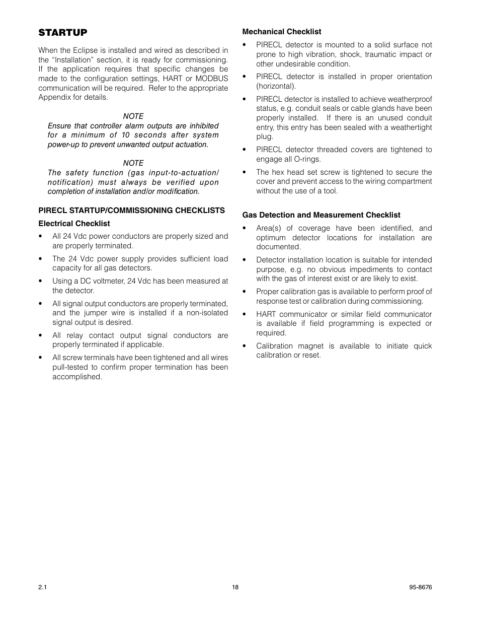 Startup, Pirecl startup/commissioning checklists | Det-Tronics PIRECL Infrared Carbon Dioxide Gas Detector PointWatch Eclipse User Manual | Page 20 / 54