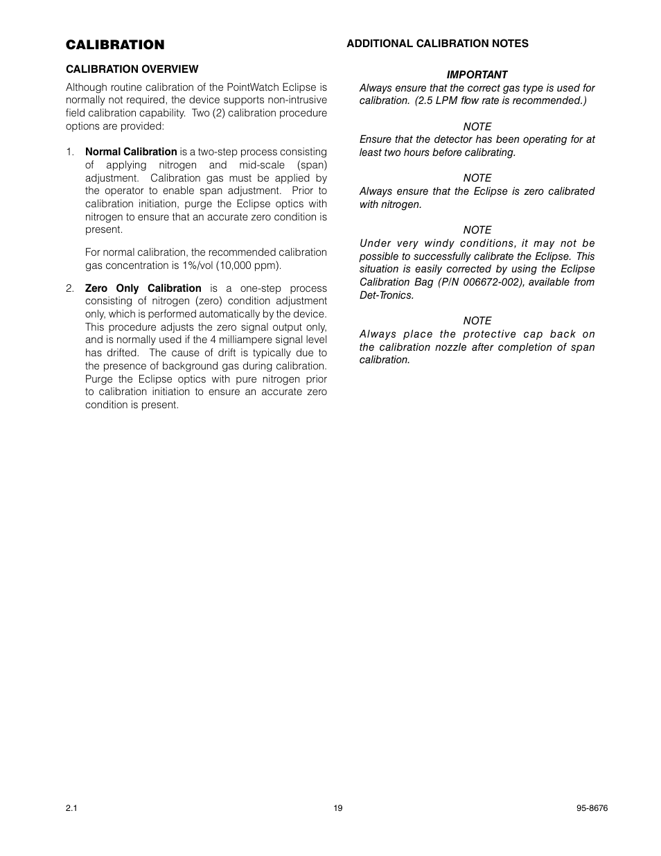 Calibration, Calibration overview | Det-Tronics PIRECL Infrared Carbon Dioxide Gas Detector PointWatch Eclipse User Manual | Page 21 / 54