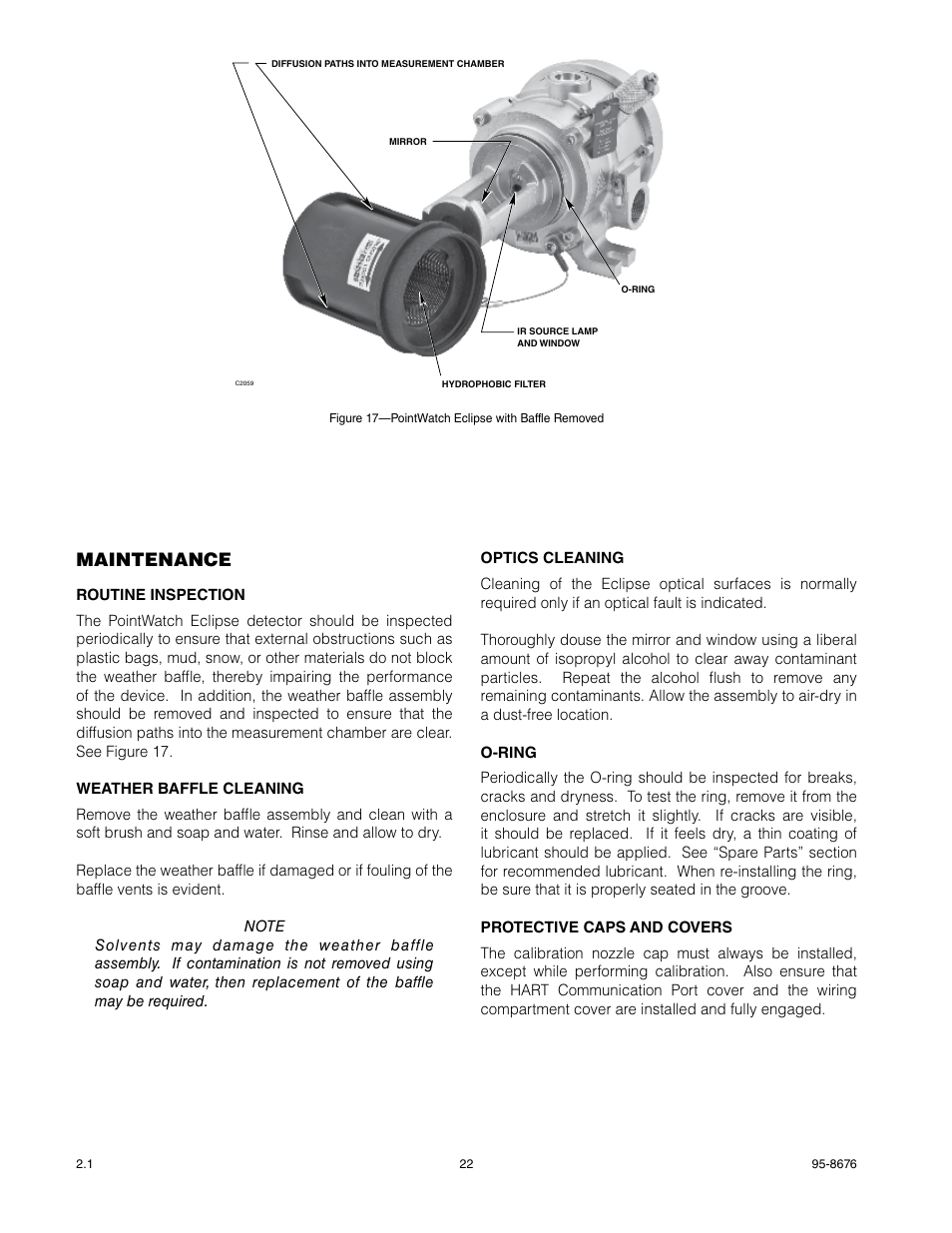 Maintenance, Routine inspection, Weather baffle cleaning | Optics cleaning, O-ring, Protective caps and covers | Det-Tronics PIRECL Infrared Carbon Dioxide Gas Detector PointWatch Eclipse User Manual | Page 24 / 54