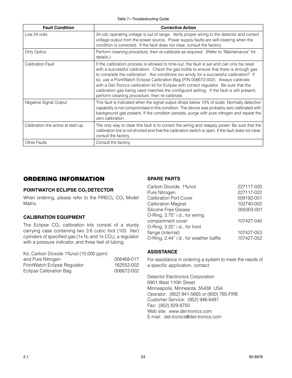 Ordering information, Pointwatch eclipse co2 detector, Calibration equipment | Spare parts, Assistance | Det-Tronics PIRECL Infrared Carbon Dioxide Gas Detector PointWatch Eclipse User Manual | Page 26 / 54