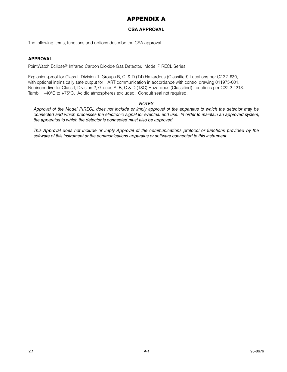 Appendix a – csa approval, Appendix a | Det-Tronics PIRECL Infrared Carbon Dioxide Gas Detector PointWatch Eclipse User Manual | Page 28 / 54