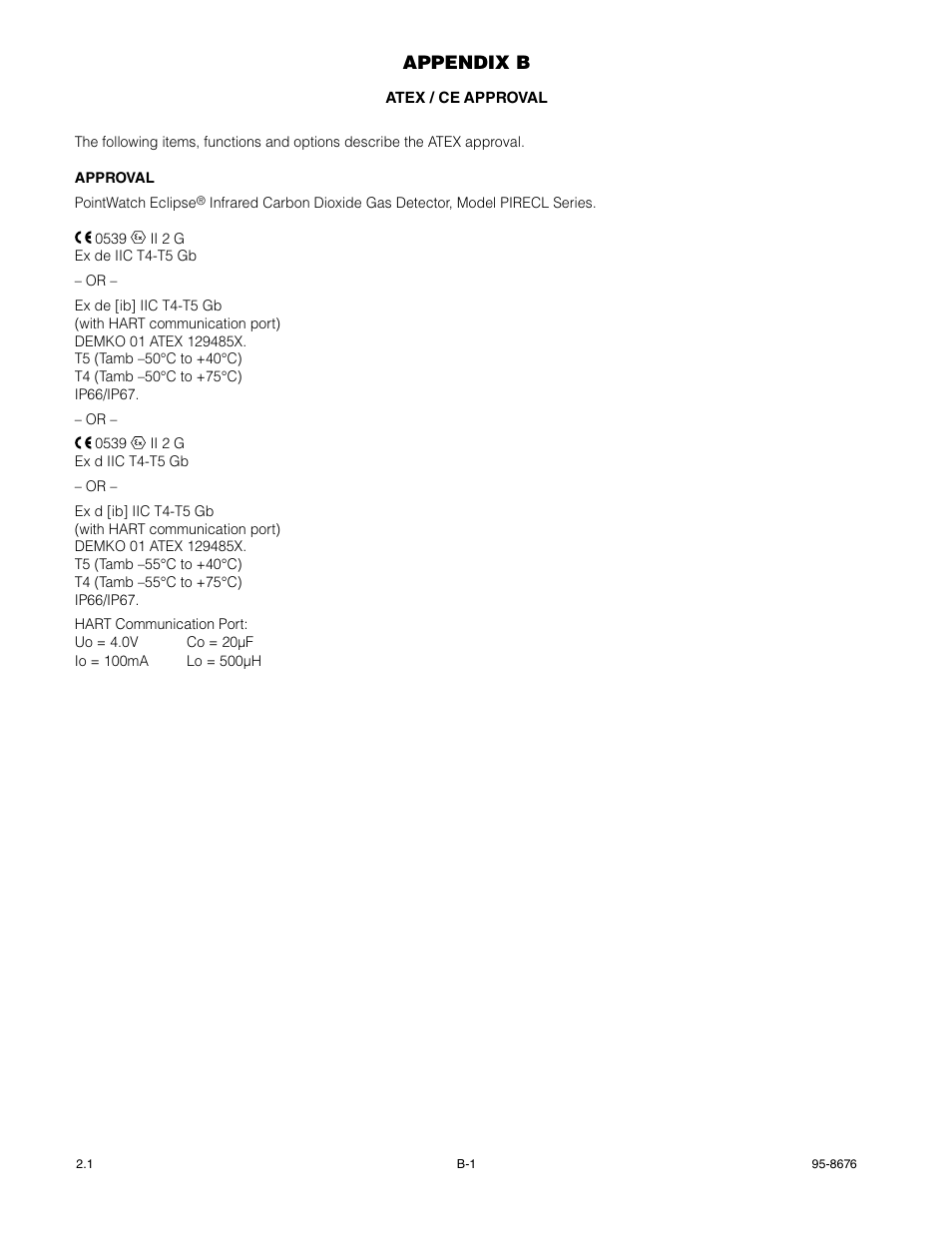 Appendix b – atex / ce approval, Appendix b | Det-Tronics PIRECL Infrared Carbon Dioxide Gas Detector PointWatch Eclipse User Manual | Page 29 / 54