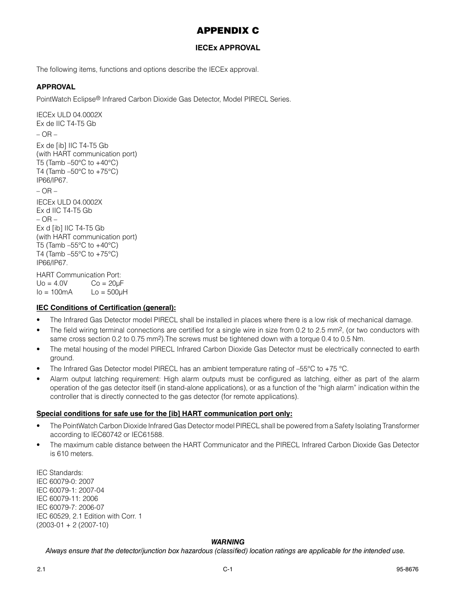 Appendix c – iecex approval, Appendix c | Det-Tronics PIRECL Infrared Carbon Dioxide Gas Detector PointWatch Eclipse User Manual | Page 31 / 54