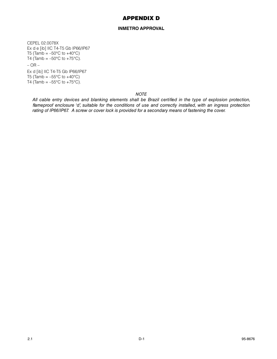 Appendix d – inmetro approval, Appendix d | Det-Tronics PIRECL Infrared Carbon Dioxide Gas Detector PointWatch Eclipse User Manual | Page 32 / 54