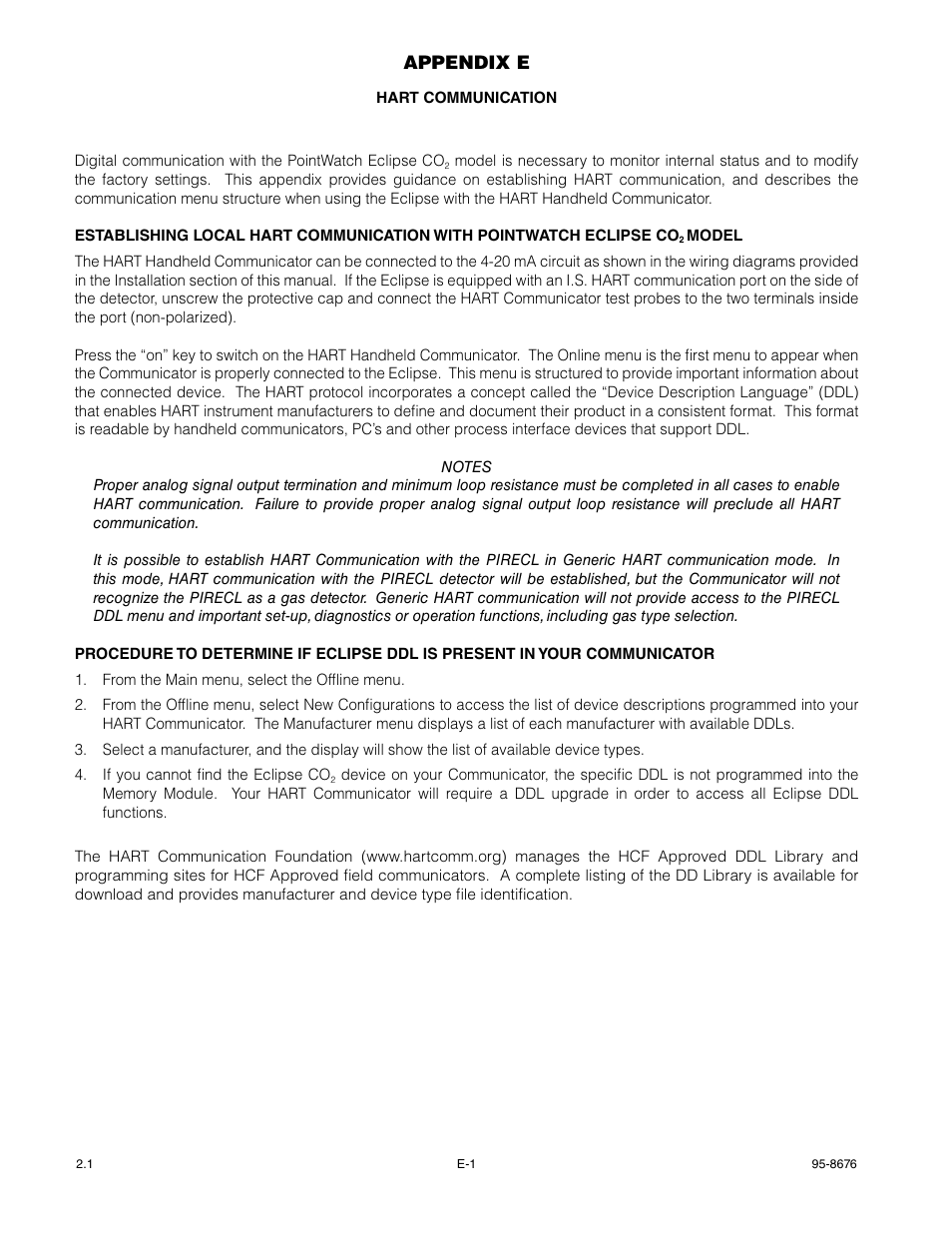 Appendix e – hart communication, Appendix e | Det-Tronics PIRECL Infrared Carbon Dioxide Gas Detector PointWatch Eclipse User Manual | Page 33 / 54