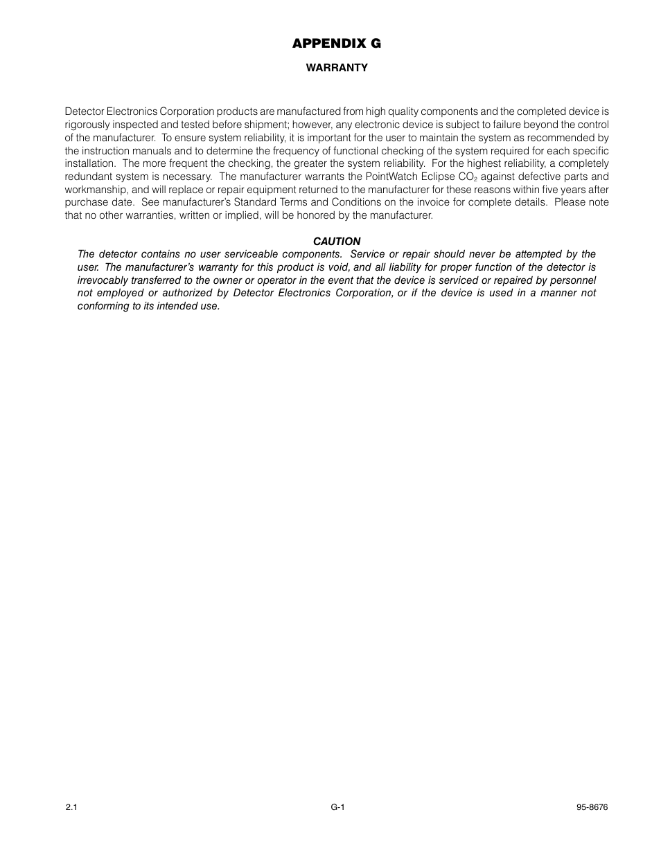 Appendix g – warranty, Appendix g | Det-Tronics PIRECL Infrared Carbon Dioxide Gas Detector PointWatch Eclipse User Manual | Page 52 / 54