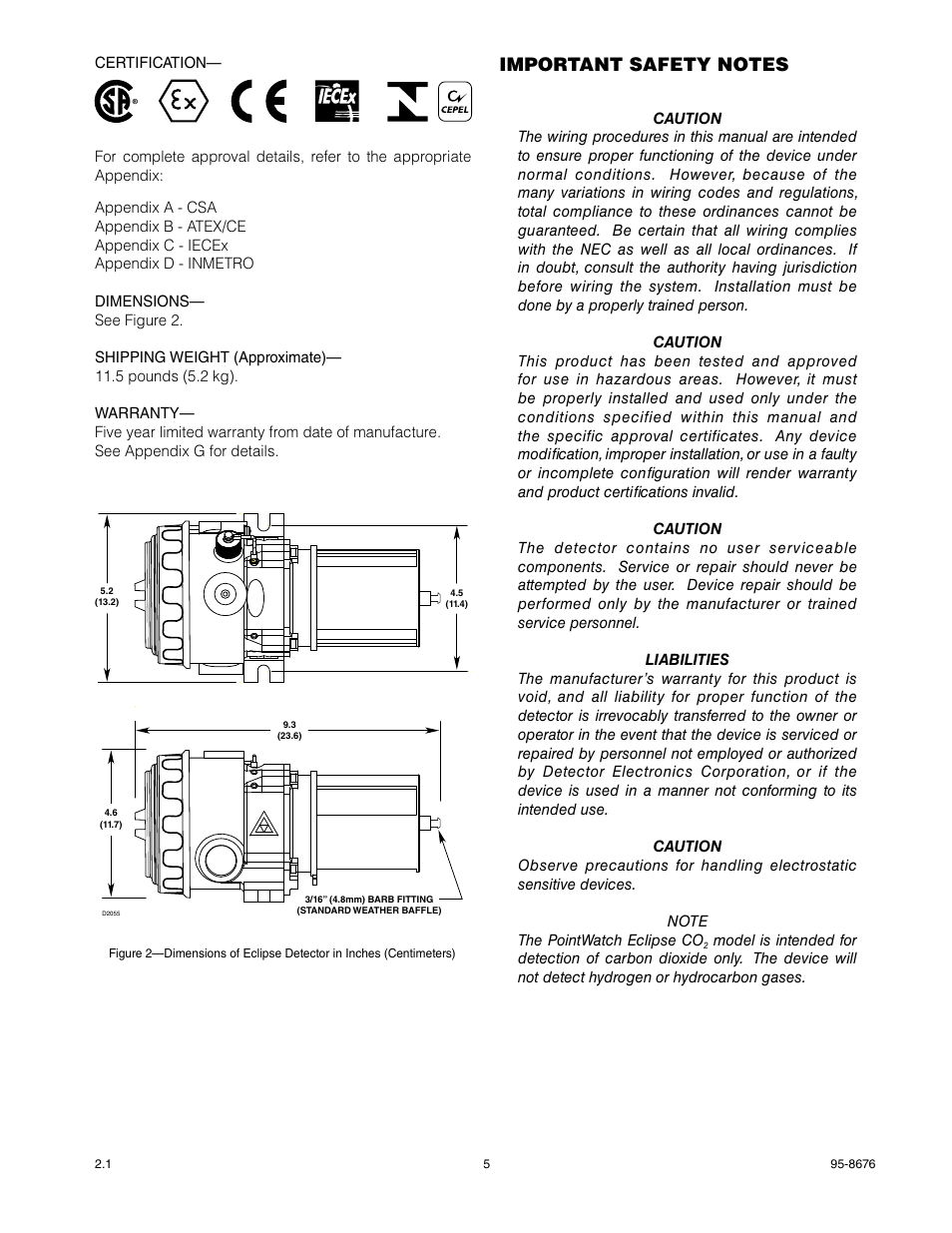 Important safety notes | Det-Tronics PIRECL Infrared Carbon Dioxide Gas Detector PointWatch Eclipse User Manual | Page 7 / 54
