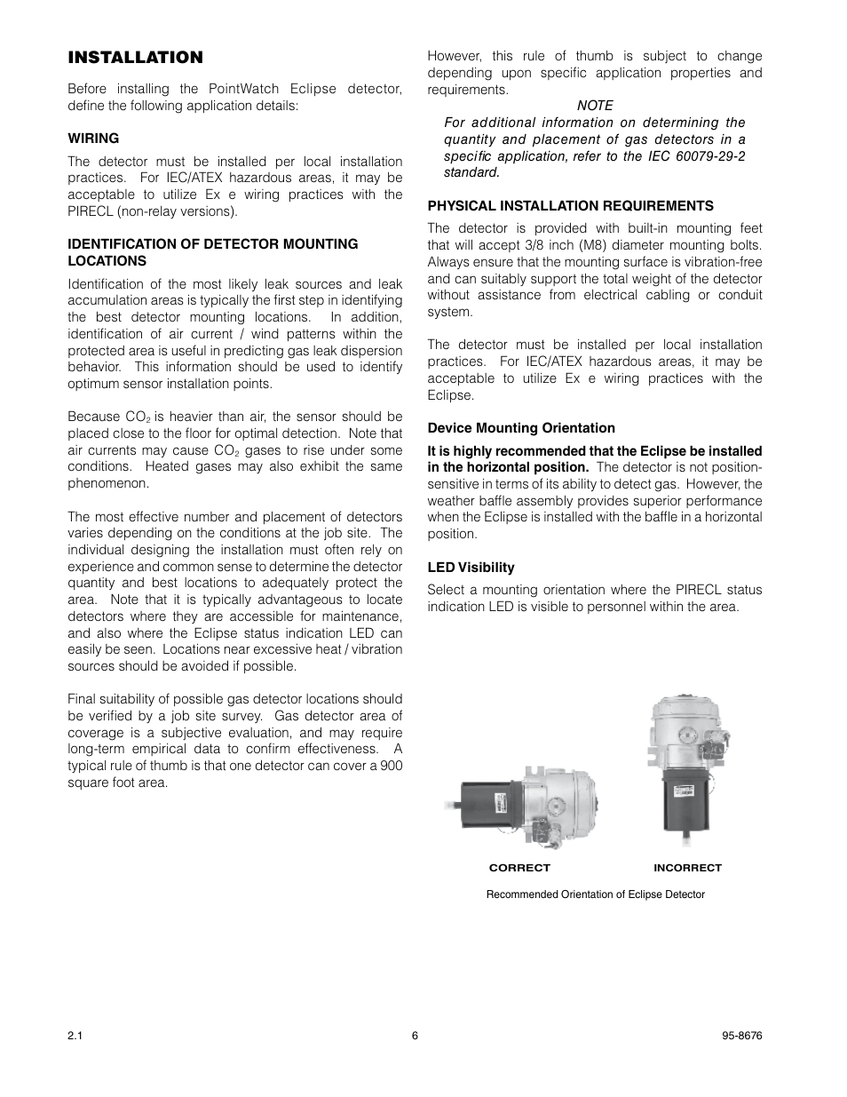 Installation, Wiring, Identification of detector mounting locations | Physical installation requirements | Det-Tronics PIRECL Infrared Carbon Dioxide Gas Detector PointWatch Eclipse User Manual | Page 8 / 54