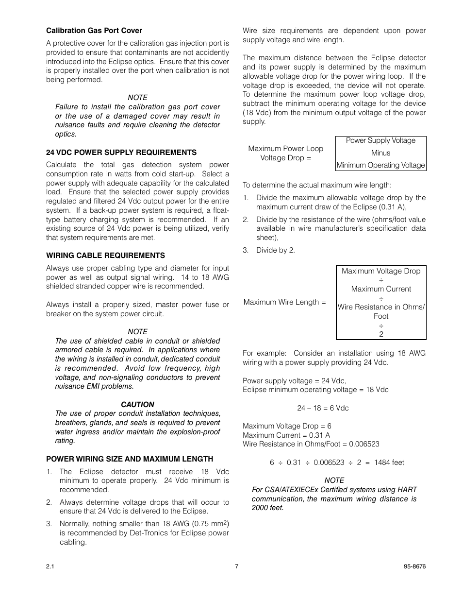 24 vdc power supply requirements, Wiring cable requirements, Power wiring size and maximum length | Det-Tronics PIRECL Infrared Carbon Dioxide Gas Detector PointWatch Eclipse User Manual | Page 9 / 54
